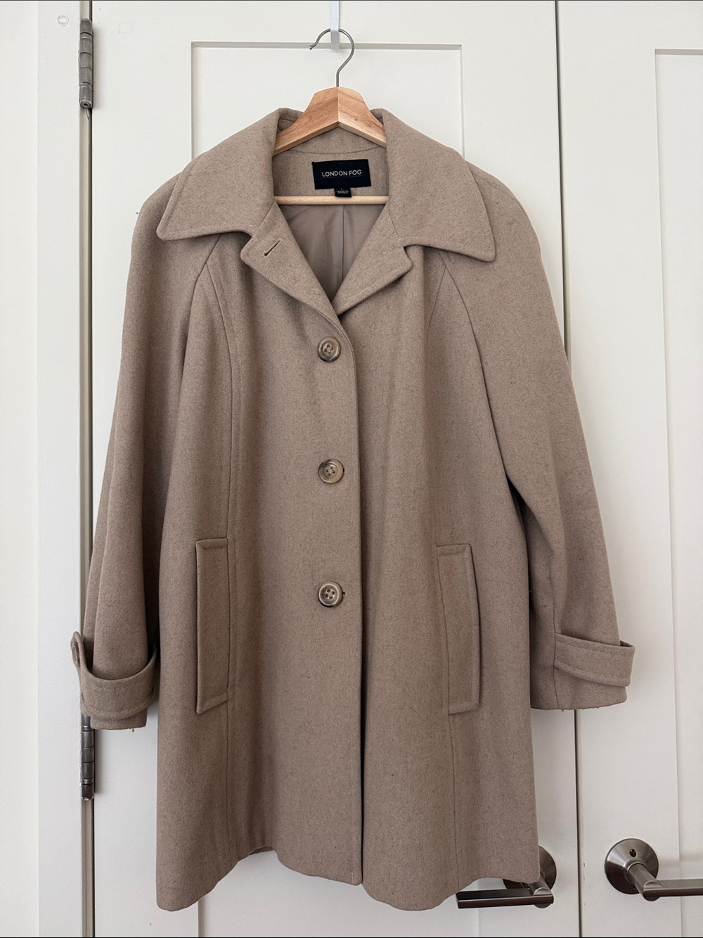 London Fog tan wool blend coat, size L